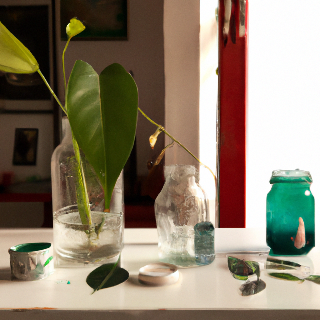 Cozy art studio interior with wooden tables, glass jars and paintbrushes, soft natural light and a ficus plant