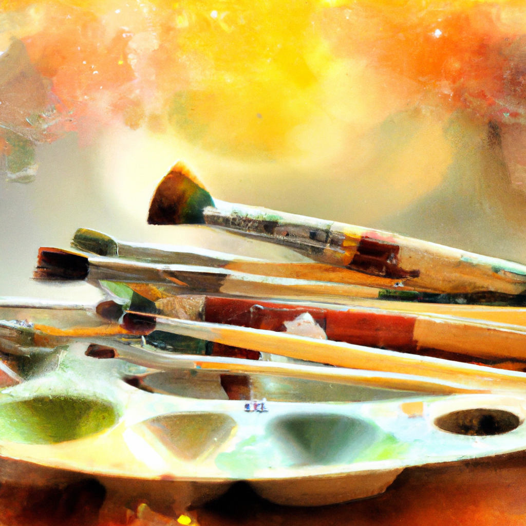 Light filled watercolor classroom with brushes and palette on the table, soft pastel colors